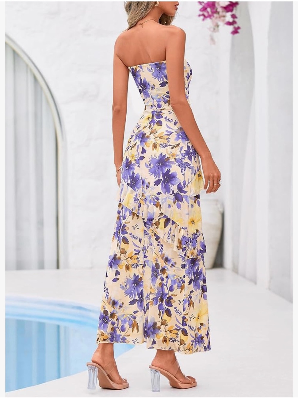 Strapless Yellow Floral Ruffle High-Low Maxi Dress - Picture 2 of 2